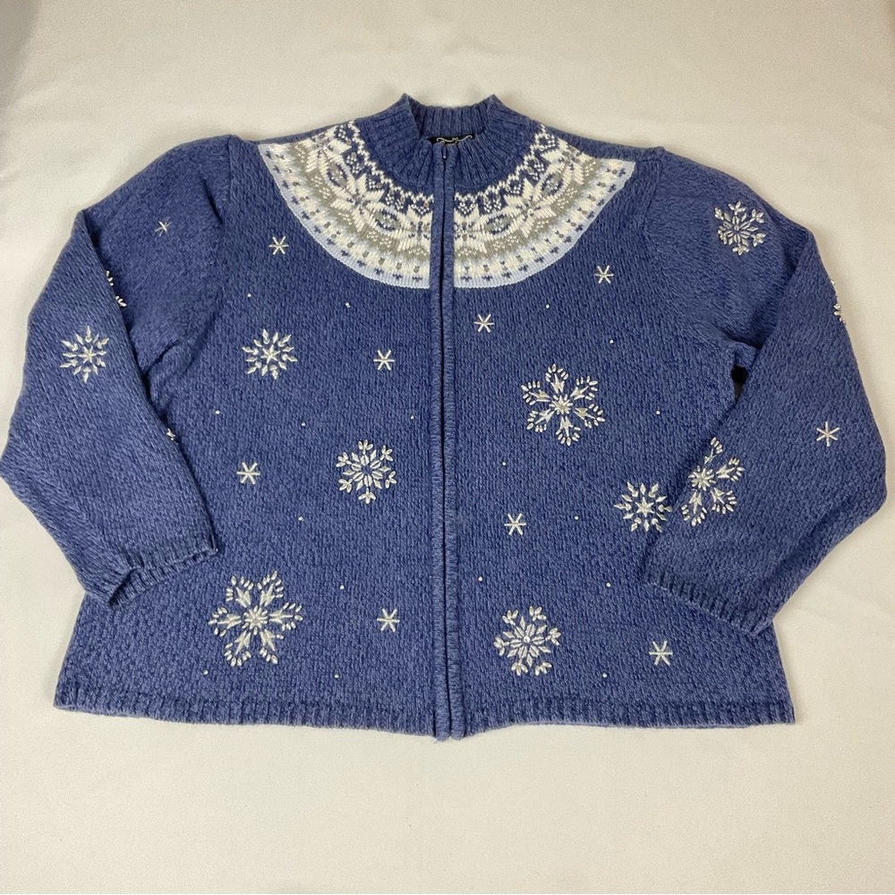 Crystal Kobe Womens XL blue white holiday cardigan sweater beaded snowflakes